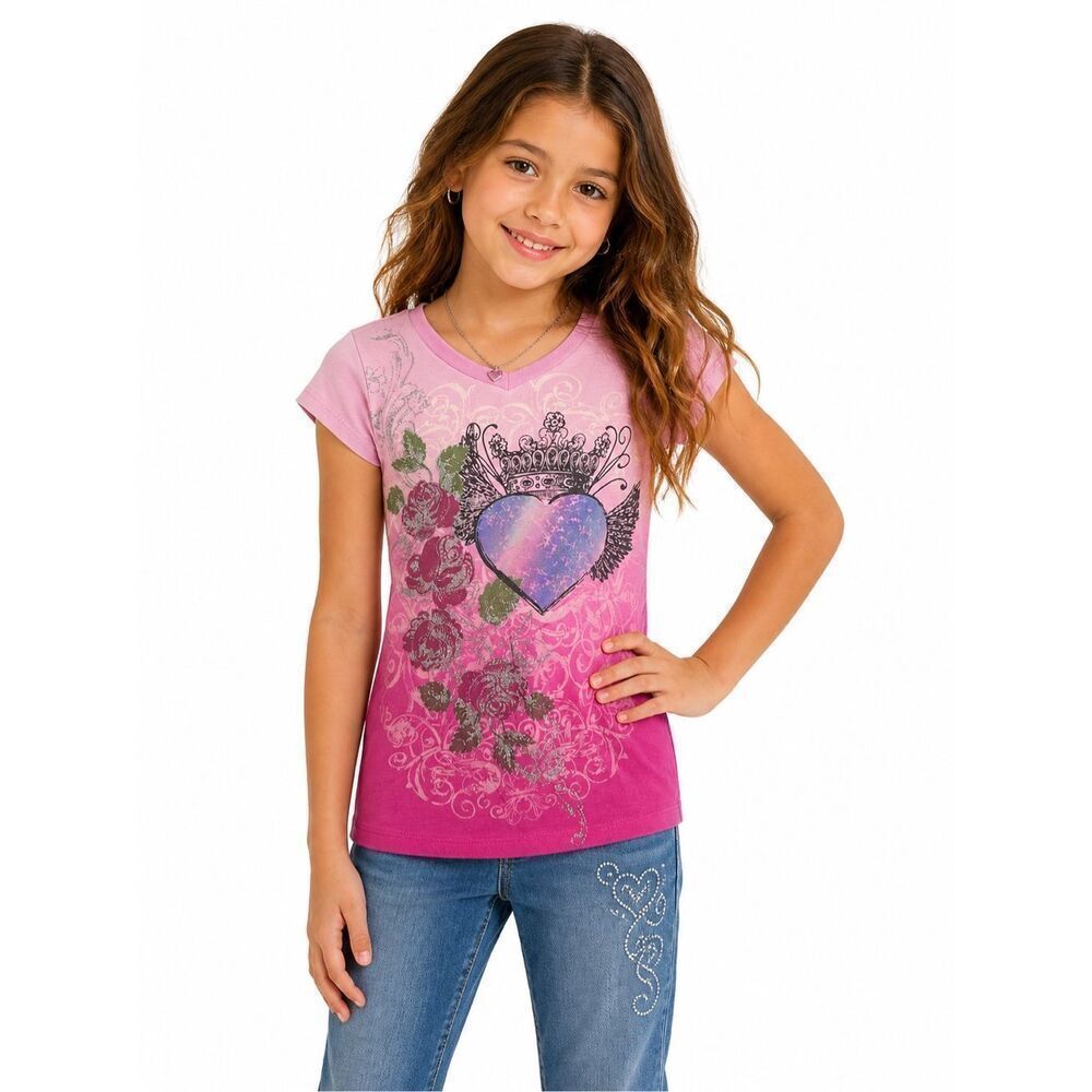 Live To Be Spoiled Girls Y2K Pink Glitter Heart Crown Graphic Fitted Tee 7/8